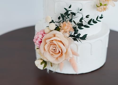 Decoración para pastel con Flores rosas y Pasto pampas beige miniatura 3