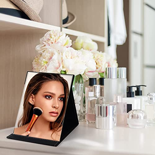 Image of Portable Folding HD Makeup Mirror, Frameless Slim PU Leather Desktop Mirror with Adjustable Stand for Personal Use, Travel, Desktop (Set of 2, Black)