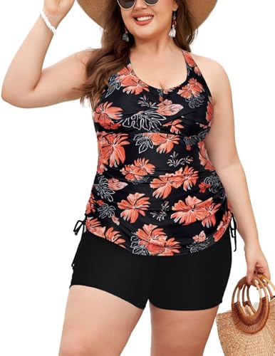 Hanna Nikole Swimming Costume Women 2 Piece Oversized Round Neck Top for Beach Sports Modest Tankini Set Red Flowers (Lable:26W)