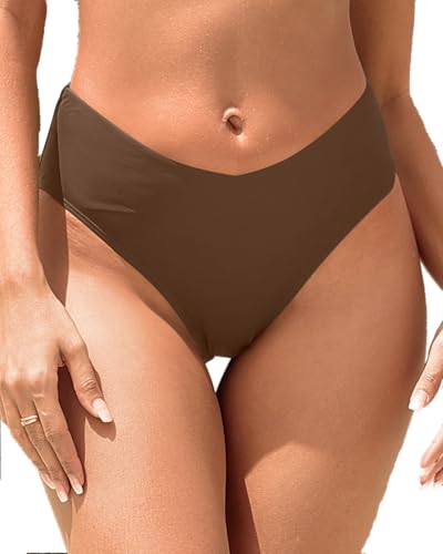Image of Zmart Women V Cut Cheeky Bikini Bottoms - Mid Waist High Cut Swim Bathing Suit Bottoms V Front Swimsuit