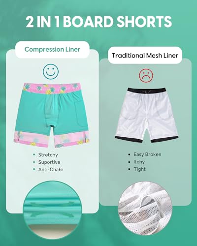 Turnshine Mens Swim Trunks with Compression Liner Stretch 7" Bathing Suit Beach Shorts with Zipper Pockets Glod Pink Pineapple Medium — view 6