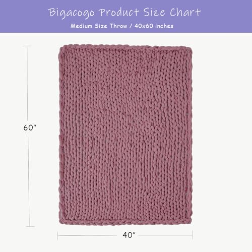 Bigacogo Chunky Knit Throw Blanket for Couch, 40x60 inches, 100% Hand Knitted with Thick Jumbo Chenille Yarn, Cozy Soft Large Rope Knot Cable Crochet Blankets for Sofa Bed Living Room, Burnt Rose