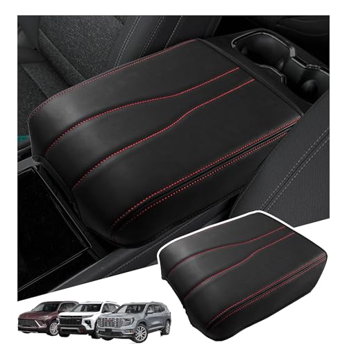 Sinminou Center Console Armrest Cover Compatible with 2024-2026 Chevy Traverse/2024-2026 GMC Acadia/2025-2026 Buick Enclave Interior Accessories Leather Middle Console Lid Pad Protector Red Lines