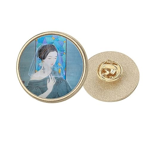 Broche en métal doré Blue Beauty motif peinture chinoise et fil blanc, taille M