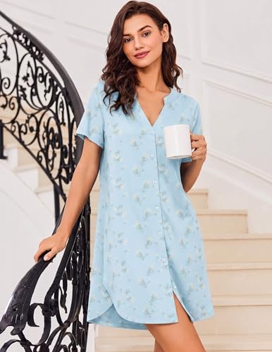 Image of Ekouaer Women V Neck Button Down Nightgown