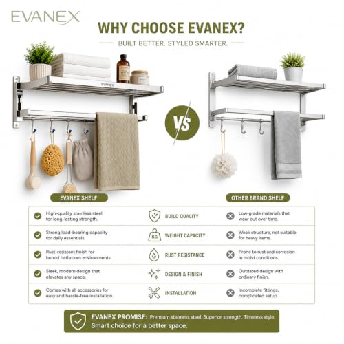 Image of EVANEX Towel Rack for Bathroom 304 Stainless Steel Towel Holder 24 Inch Folding Towel Rack with Shelf Wall Mounted Chrome Finish Bathroom Organizer, Bathroom Accessories Set
