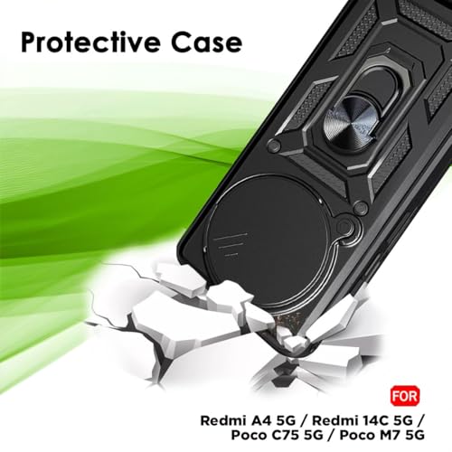 Image of AIBEX Back Cover for Poco M7 5G / Redmi 14C 5G / Redmi A4 5G / Poco C75 5G | D10 Tough Armor Case | Sliding Camera Shield | 360 Protection | Kickstand Ring Holder | Military-Grade Shockproof Bumper