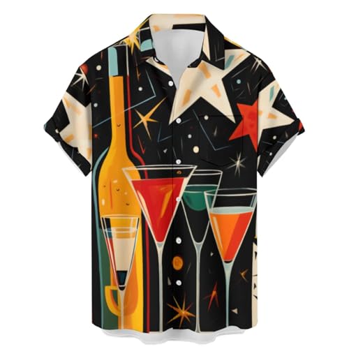 Men's 50s Retro Bowling Shirts Gradient Wave Point Printed Big and Tall Short Sleeve Button Down Shirt Vintage Bowling Shirt