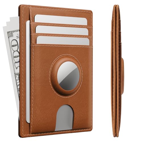Mens Slim Wallet for Airtag, Premium Crazy Horse Leather Front Pocket Card Case with AirTag Holder, RFID-Blocking Mens Wallet Card Case, Yellow