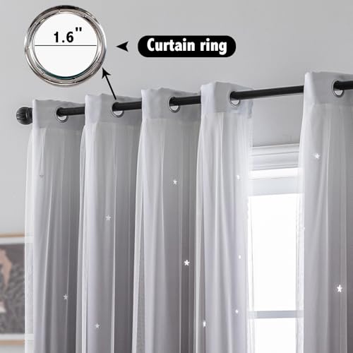 Image of indistar Colourful Stripe Star Cut-Out Blackout Curtains for Bedroom,2 Layers Mix Design of Fabric & Tulle,Pretty Window Curtain for Kids Room 1 Panel (W52 x L63 Dark Grey)