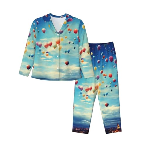 Pyjama boutonné femme manches longues noir imprimé ciel étoilé et feux d'artifice de nuit