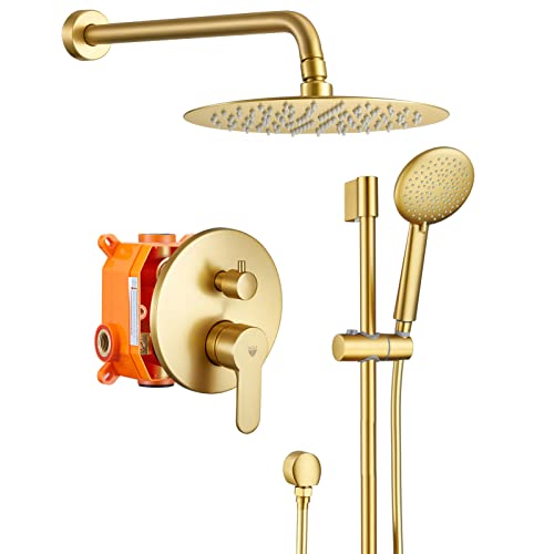 Shower System,10" Rain Shower Head With 5-Setting Handheld Shower Faucet Set,Slide Bar Shower Combo Set With Shower Valve,Brushed Gold #TOP4