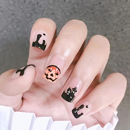 Halloween Press on Nails Short Square Fake Nails with Nail Glue Pumpkin Blood Drop Castle Design False Nails Full Cover Stick on Nails for Women Girls Acrylic Artificial Nails Manicure Tips 24Pcs