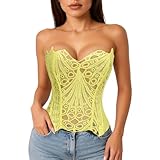 LEACOOLKEY Corsage corset en dentelle florale transparente avec lacets pour femme Top Halloween, jaune, M