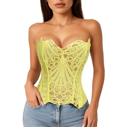 LEACOOLKEY Lacework Corset Top for Women Sexy Textured Sheer Floral Lace Bustier Going Out Lace-up Corset Overbust Top