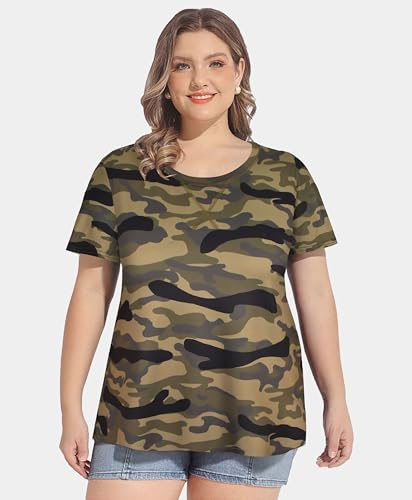 Image of CARCOS Plus Size Tops for Women Short Sleeve Shirt Summer Star /Leopard /Tie Dye /Flower Crewneck Pullover Tunic XL-5XL