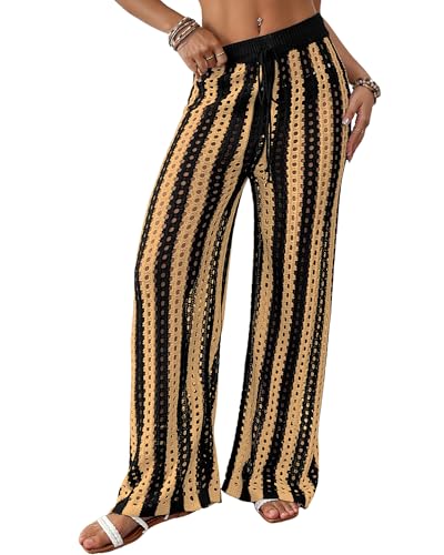 Bsubseach Womens Crochet Swimsuit Coverup Pants Striped High Waisted Drawstring Sexy Sheer Mesh Knit Wide Leg Beach Pants