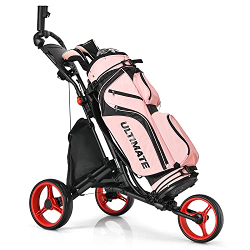 Miniatura 9 de Goplus Carrito De Golf Plegable Con 3 Ruedas, Carro De Golf De Empuje De 3 Posiciones De Altura Ajustables Con Freno De Pie, Portaparaguas, Portavaso, Bolsa Impermeable Y Marcador Rojo