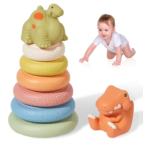 Image of BUTI4WLD 8 Pcs Stacking & Nesting Baby Toys, Squeeze Soft Teething Baby Toys and Building Circles with Two Cute Dinosaur Figures, Newborn Essentials for 6 12 18 Months Baby Toddler Boys Girls