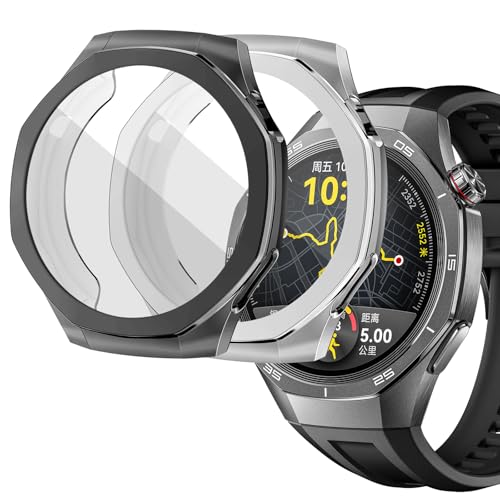 sciuU Hülle Kompatibel mit Huawei GT 5 Pro 46mm Smartwatch, [2 Stück] R&um Schutzhülle mit Bildschirmschutzfolie, Flexible TPU-Gehäuse Hülle Schale Kompletter Schutz Cover für GT5 Pro, Schwarz + Silber