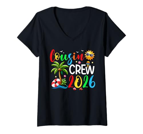 Womens Cousin Crew 2026 Family Group Costume Summer Vacation Beach V-Neck T-Shirt