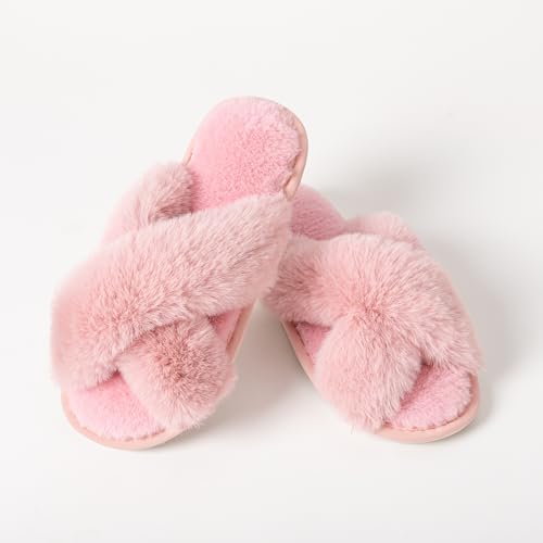 Image of Enteer Women's Slipper Memory Foam Cross Band Fuzzy Slippers Open Toe Cozy House Slippers Cozy Plush Bedroom Indoor Outdoor