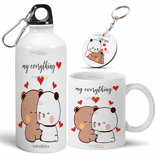 Image of Bubu Dudu Love Gift for Birthday /Anniversary Sipper Water Bottle 750 ML Aluminium with 320 ML Coffee Mug, Wooden Keychain Combo Pack MSK-V (Design-10)
