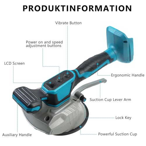 Fliesenrüttler Kabelloses Vibrationsgerät Fliesen Mit 8 Geschwindigkeiten einstellbarer digitaler Anzeige Große Saugkraft starkes Greifen Fliesen Vibrator für Boden, Wände und Glas