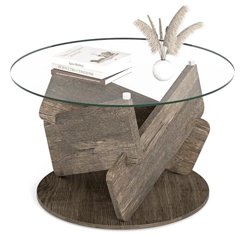 COSTWAY Tavolino da Salotto Rotondo con Piano in Vetro Temperato,