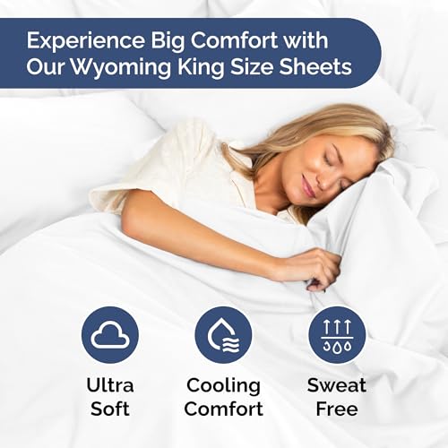 Image of Wyoming King Bed Sheet Set, 84 inch x 84 inch - 4 Piece Emperor King Sheets - White | Superior Comfort, 16 inch Deep Pocket Fitted Wyoming King Sheets, Premium Softness, Durable, Breathable & Wrinkle-Resistant