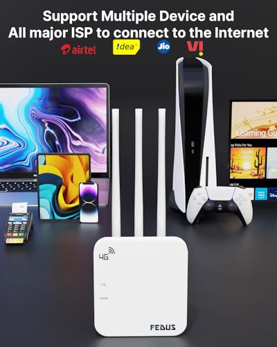 Image of FEDUS 4G Router Mobile Sim Based with 5dbi Triple Antenna 150 Mbps Speed Plug and Play Unlocked Wi-Fi Router with SIM Card Slot No Configuration Required Support All 4G Sim Card, NVR, DVR, WiFi Camera
