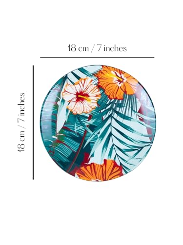 GOLDEN QUEEN'S Snack Plates Set of 4 | Perfect for Snacks, Desserts, Appetizers, Salads, Tapas, Cheese | 7 inches Wide | Microwave Safe (Tropical Hues)