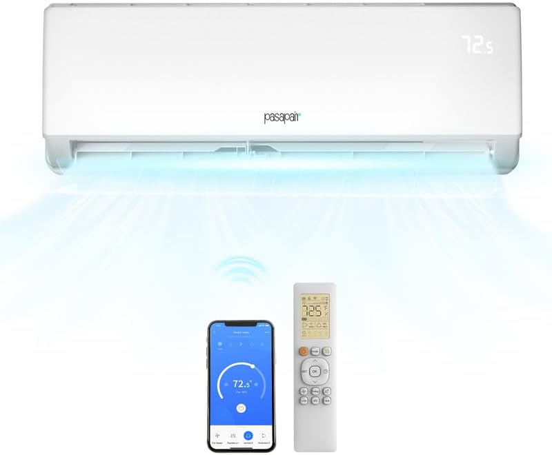 pasapair indoor unit with remote control and smartphone displaying the control app.