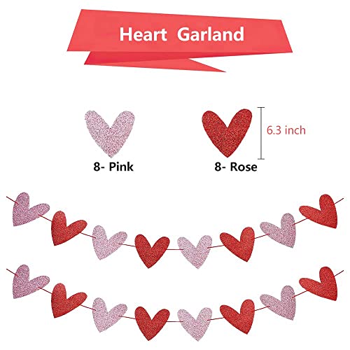 Image of FestikoHappy Valentine's Day Heart Banner, Glittery Heart Garland Banner for Valentines Day Decorations Party Supplies - Red & Pink