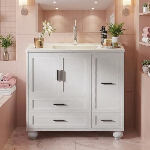 LIKIMIO 36' Bathroom Vanity with Sink, Hair Tool Drawer, 4 Solid Legs, 4 Drawers 2 Doors, Modern Freestanding Wooden Bathroom Cabinet with Undermount Upgraded SMC Sink, Quick Assembly, White