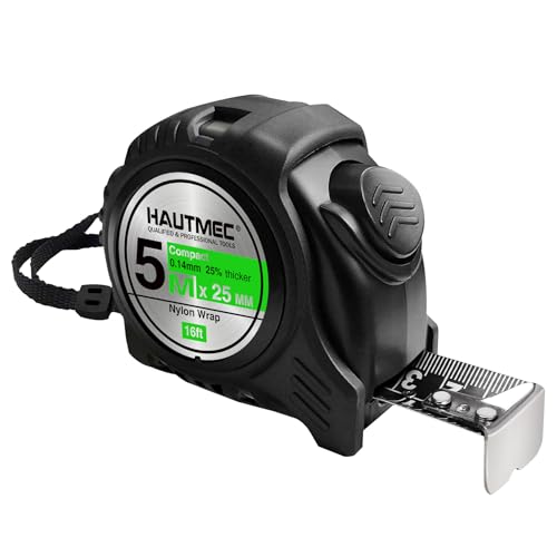 HAUTMEC 16 Ft (5m) Easy To Read Heavy Duty Tape Measure, Imperial Metric Inches Scale, with Retractable Nylon Coated Measuring Tape Ruler Blade and Sturdy Shock Absorbent ABS Rubber Case HT0100-TM