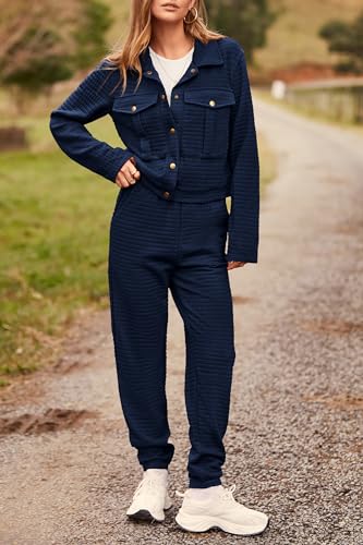 PRETTYGARDEN Womens Two Piece Sets Fall 2025 Long Sleeve Button Down Shacket Jacket Long Sweatpants Tracksuit Winter Clothes2