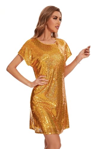 Image of Women's Crewneck Sequin Shift Dress Short Sleeve Casual Holiday Sparkly Party Dress