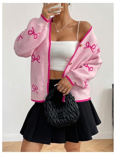 Image of MakeMeChic Women's Bow V Neck Button Up Cardigan Sweaters Long Sleeve Cute Outerwear Pink Small