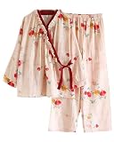 pagepx Womens Floral Cotton Pajama Set – Soft Sleepwear with Kimono Wrap Top & Elastic Waist Pants (Red, Large)