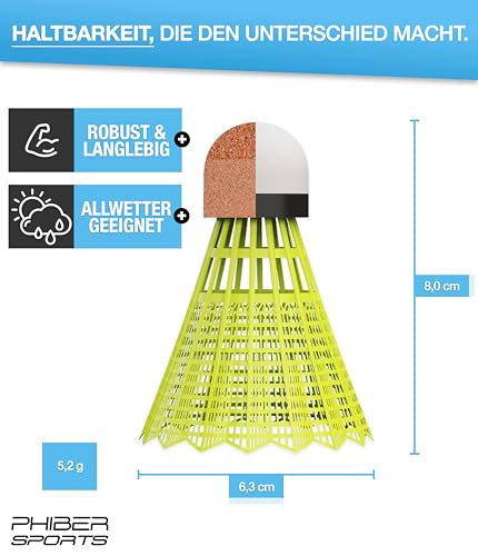 PHIBER-SPORTS Federbälle Badminton Bälle - Perfekte Spieleigenschaften - Ideal für Anfänger, Familien und Profis - Federball Bälle Speed - Für draußen & drinnen - Gelb [10 Stück]