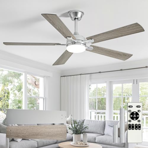 Image of Depuley 52-inch Ceiling Fan with Light: Nickel Ceiling Fan for Living Room Indoor Outdoor - Modern Ceiling Fan with Remote Control 3CCT Dimmable Noiseless 5 Reversible Silver Blades 6 Speeds Timer