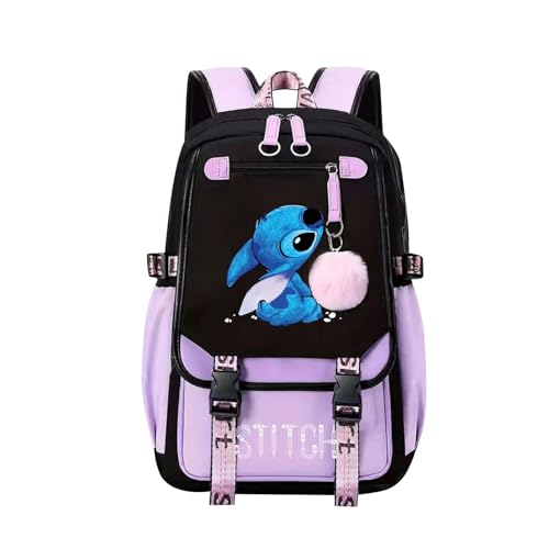 Mochila de viaje para niños y niñas con diseño de Stitch, con bolsillo lateral de malla y bolsillo frontal con cremallera, multicolor, 47 x 31 cm (alto x ancho), 18 cm, A6., 33*19*49