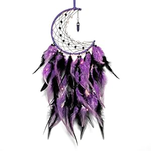 Dremisland Moon Dream Catcher with Fairy Lights-Handmade Colorful Feather Lucky Turquoise Pendant Beads Wall Hanging Ornament for Kids Bedroom Home Decoration,Art Craft Gift. (Purple&Black)