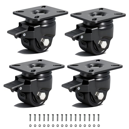 TESUMI Heavy Duty Casters Wheels 2" inch Low Profile Caster Set of 4 Load Capacity 2200lbs, Swivel Plate with Wheel Brake Low Gravity Center Furniture Caster Wheel for Cart, Toolbox Workbench-Black