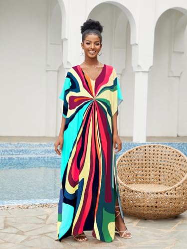Image of sunforyou Kaftan Dresses for Women Plus Size Lightweight Swimsuit Cover up Batwing Sleeve Print Loungewear Beach Robe