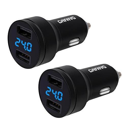Car Charger Adapter, DAMAVO 4.8 A Dual Port USB Car Charger with Blue LED Voltage Display All Metal Cigarette Lighter USB Charger Compatible with iPhone XR/Xs/Max/X, iPad Pro/Mini, Galaxy, LG (2 PCS)