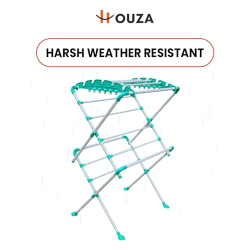 Image of HOUZA Alloy Steel Extra Large Cloth Drying Stand | Foldable Cloth Dryer Stand | Additional Hanger Slots to Hang Shirts on a Hanger| (White, Green)