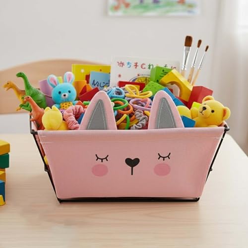 Image of Go Hooked Cute Pink Animal Design Storage Basket for Kids | Strong Metal Wire Organizer with Detachable Fabric Liner | Multipurpose Basket for Toys, Fruits, Snacks, Bathroom, Wardrobe & Home Decor