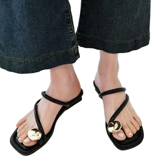 Women'S Strappy Flat Metal Toe Fashionable Square Clip Toe Slide Sandals Casual Summer Beach Slipper 1 Pair Black (Size 7.5-10